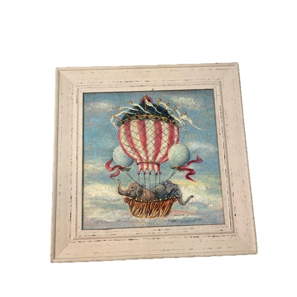 Framed Hot Air Balloon Print Elephants  A. Churchill Nursery Baby Cottage Cream